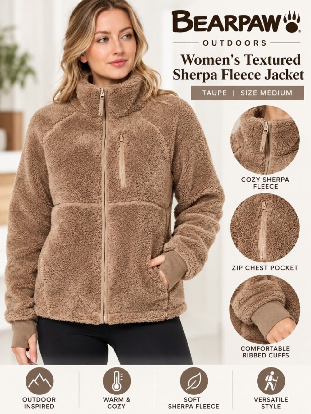 BEARPAW Outdoors Women's Textured Sherpa Fleece Jacket - Taupe / Medium